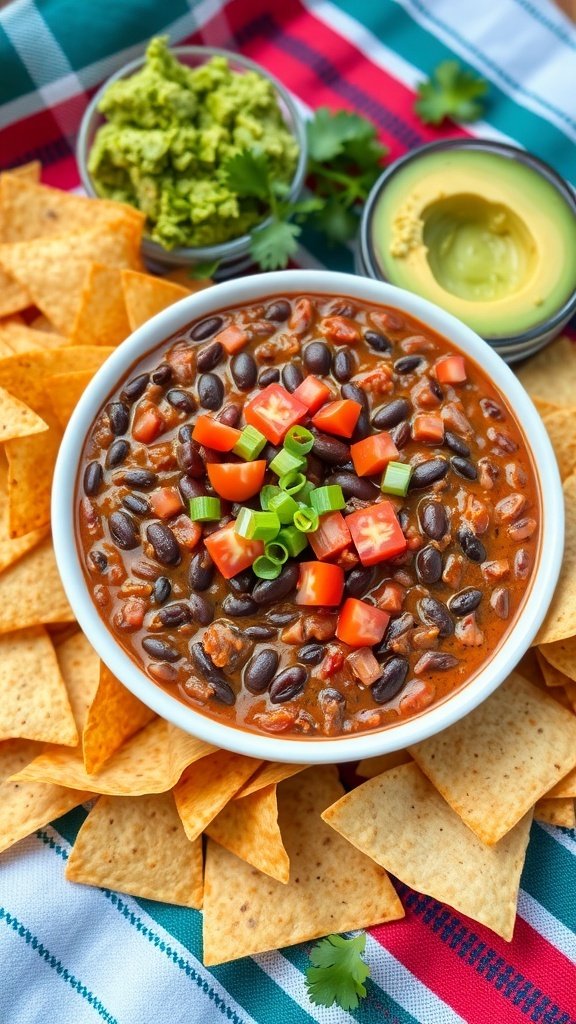 A bowl of spicy black bean dip surrounded by tortilla chips, topped with diced tomatoes and green onions, with guacamole and cilantro on the side.
