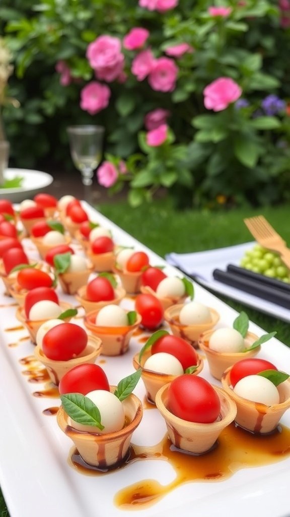 Mini Caprese Salad Cups with cherry tomatoes, mozzarella, and basil on a platter