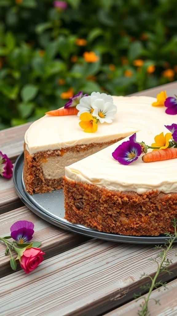 A gluten-free carrot cake cheesecake decorated with flowers and mini carrots.