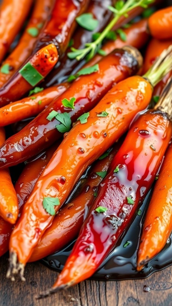 Honey-balsamic glazed carrots with fresh herbs on a wooden surface