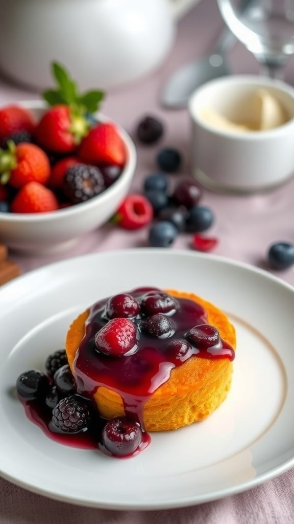 A plate of carrot souffle topped with berry compote, surrounded by fresh berries.