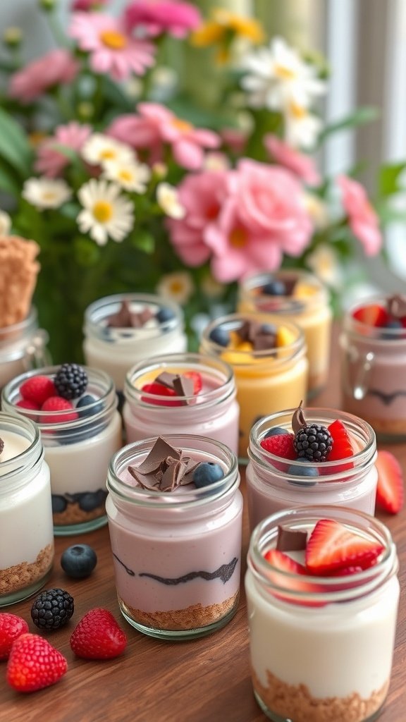 A variety of no-bake cheesecakes in jars, topped with fresh fruits and chocolate, with flowers in the background.