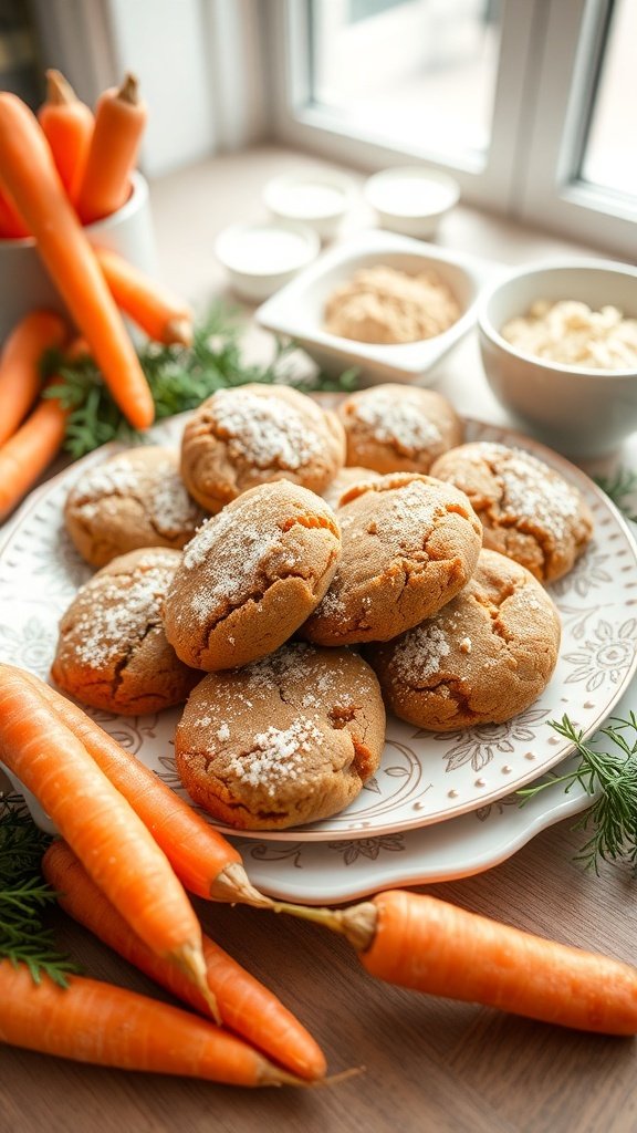 A plate of gluten-free carrot cake cookies surrounded by fresh carrots and ingredients.