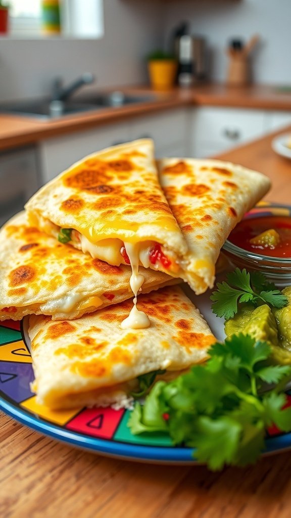 A plate of cheesy quesadillas with salsa and cilantro on the side.