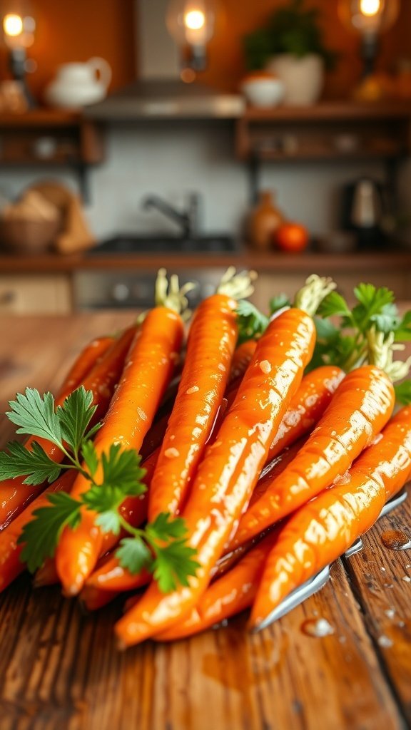 Fresh honey-glazed roasted carrots on a wooden table
