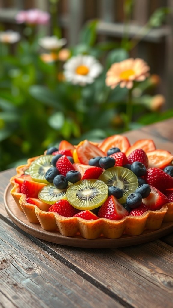 A colorful fruit tart topped with strawberries, blueberries, kiwi, and orange slices, set against a backdrop of blooming flowers.