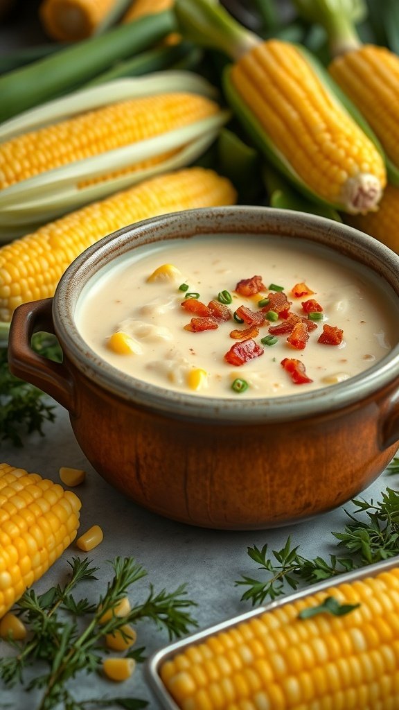 A bowl of creamy corn chowder topped with bacon and green onions, surrounded by fresh corn.