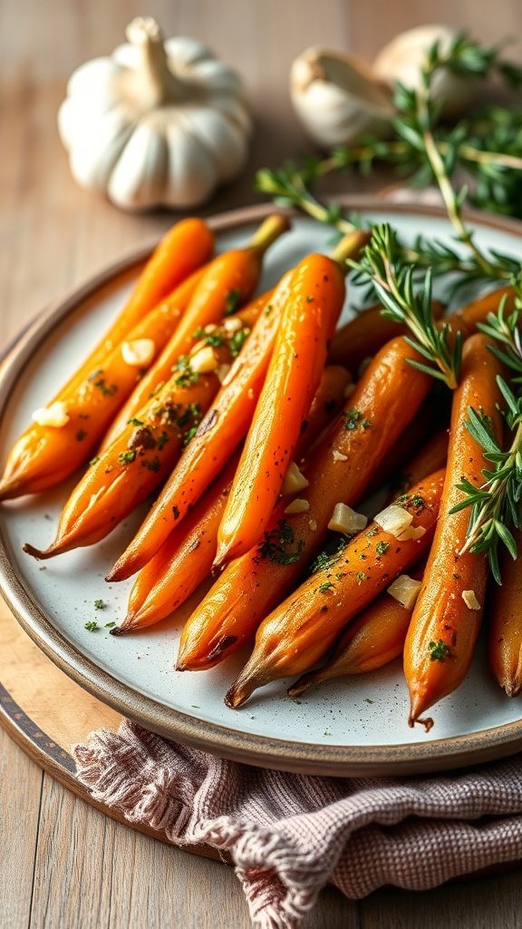 A plate of honey roasted carrots garnished with garlic and herbs.
