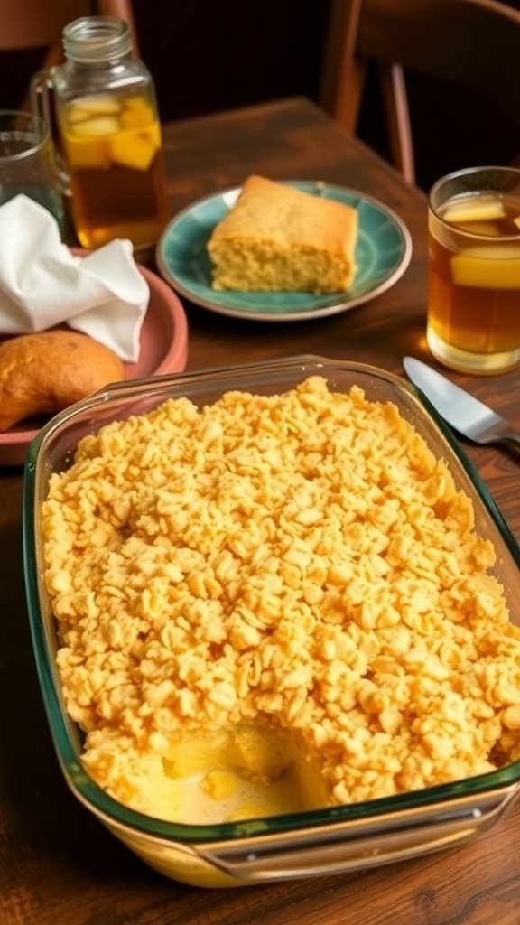 A golden brown squash casserole with a crispy topping, served on a wooden table with cornbread and iced tea.