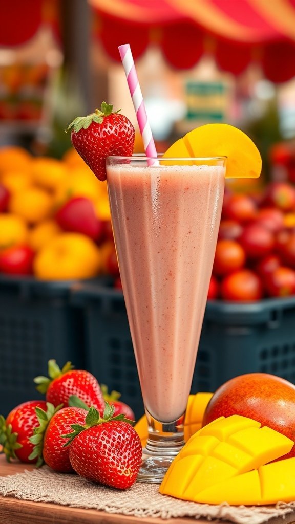 A refreshing strawberry mango smoothie in a tall glass, topped with a strawberry and mango slice, surrounded by fresh strawberries and mango slices.