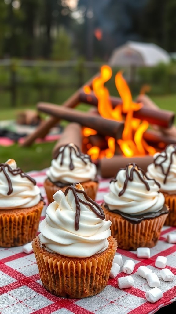 S'Mores graduation cupcakes with chocolate drizzle and mini marshmallows, set against a campfire backdrop.