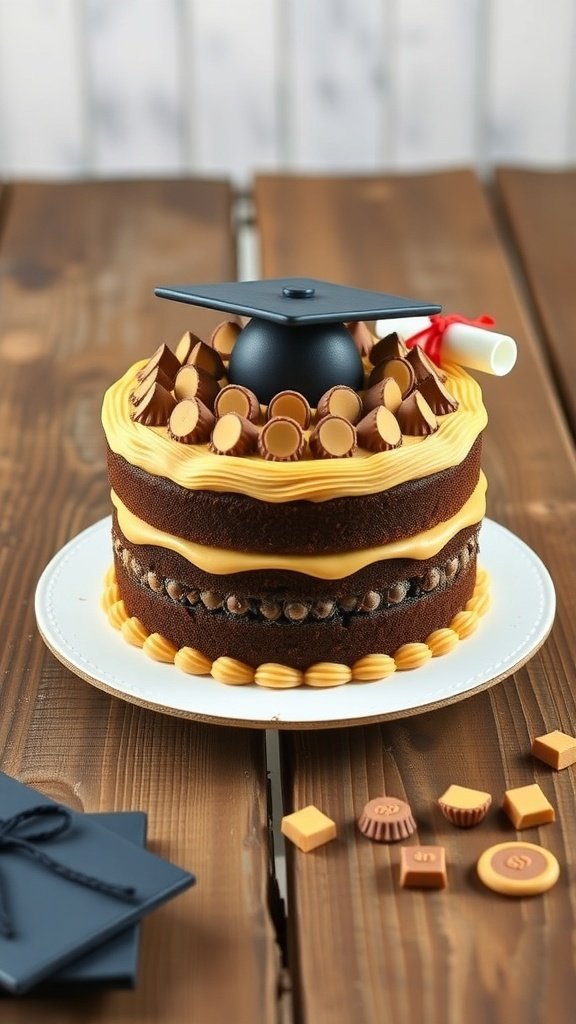 A graduation-themed cake featuring layers of chocolate and peanut butter frosting, topped with mini peanut butter cups and a graduation cap.