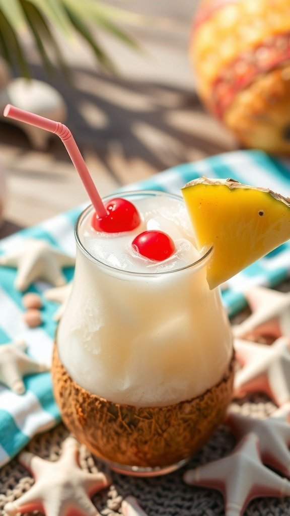 A tropical pineapple coconut mocktail with cherries and a pineapple slice, set against a beach-themed background.
