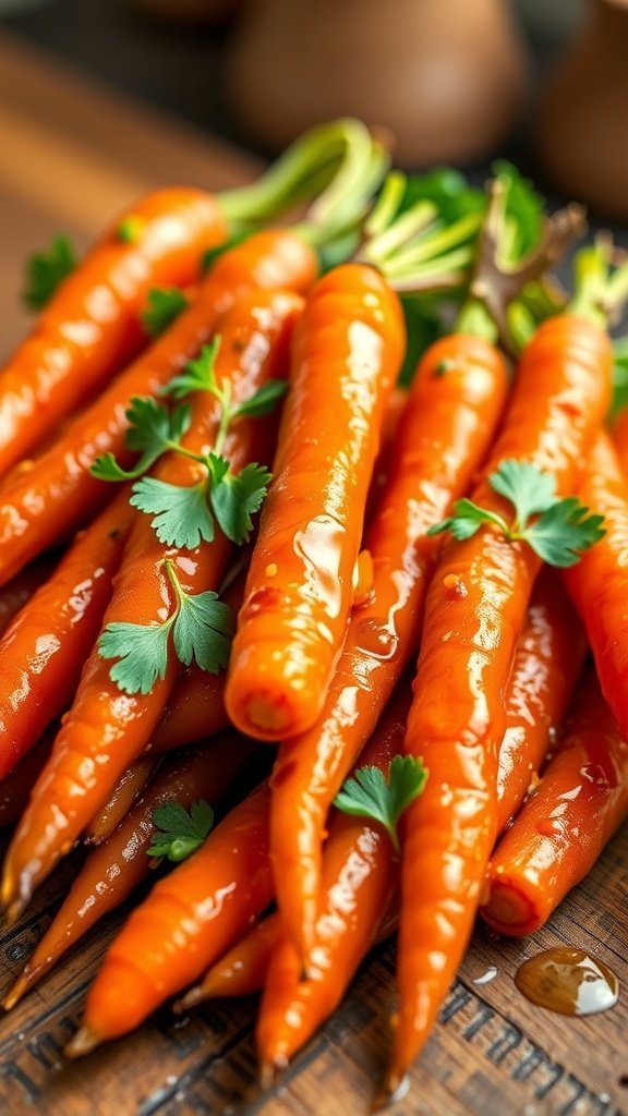 A close-up of vibrant orange baby carrots glazed with maple syrup and garnished with fresh cilantro.