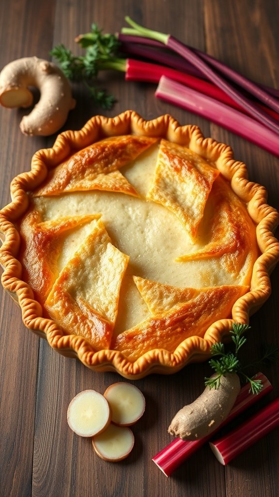 A freshly baked rhubarb and ginger pie with a golden crust, surrounded by fresh rhubarb stalks and ginger root.