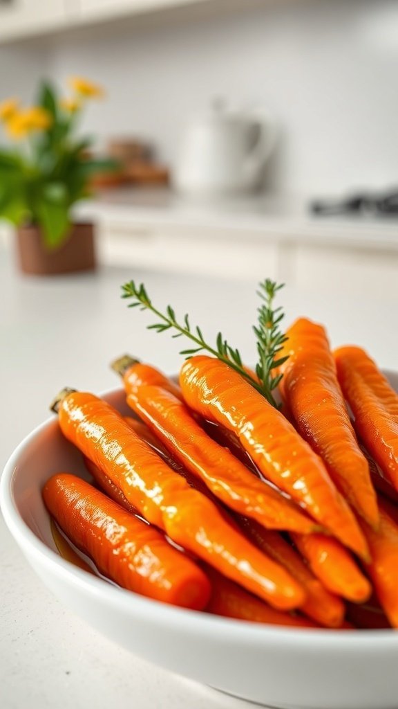 A bowl of glazed honey-butter carrots with a sprig of fresh herbs on top.