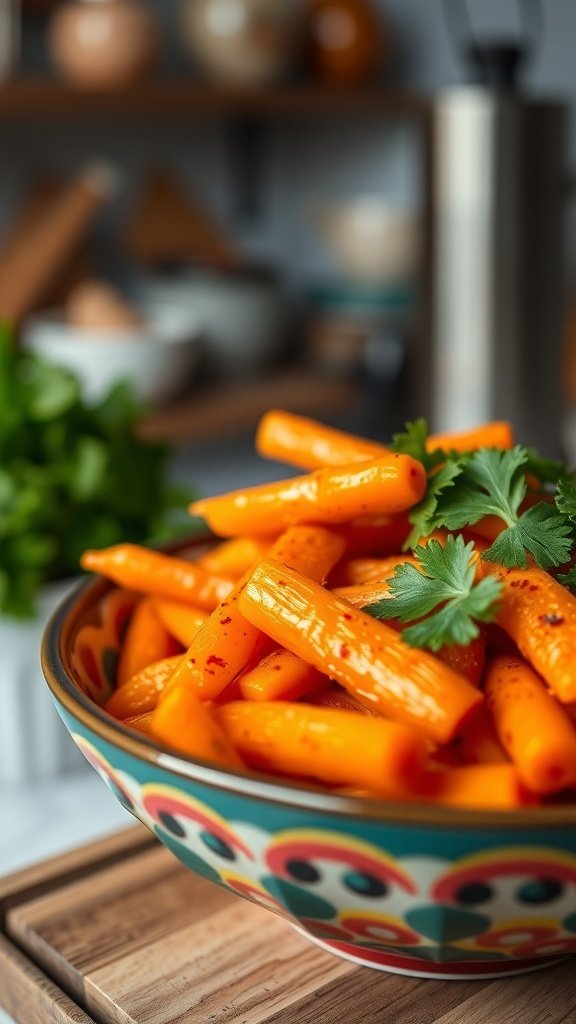 A bowl of spicy steamed carrots garnished with cilantro, showcasing vibrant orange color and chili flakes.