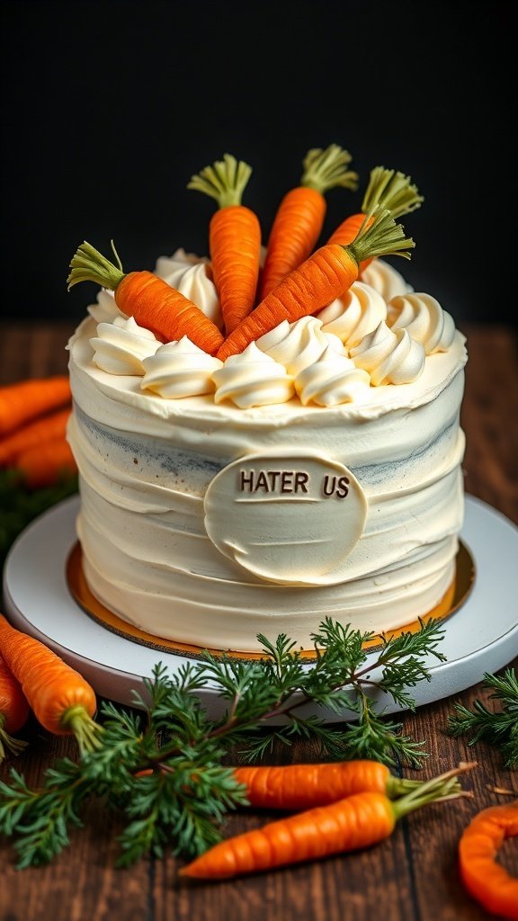 A beautifully decorated carrot cake with orange carrots on top, surrounded by fresh carrots.
