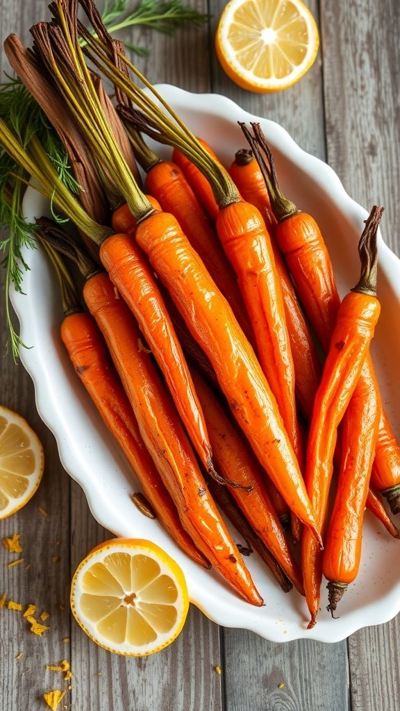 A plate of honey roasted carrots with lemon slices on a wooden table