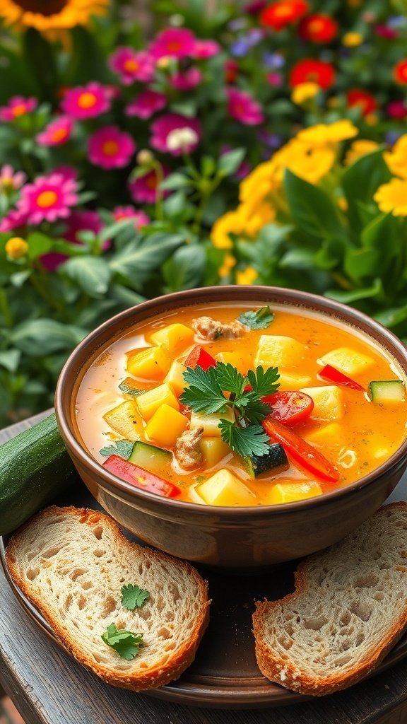 A bowl of hearty summer vegetable chowder surrounded by colorful flowers and slices of bread.