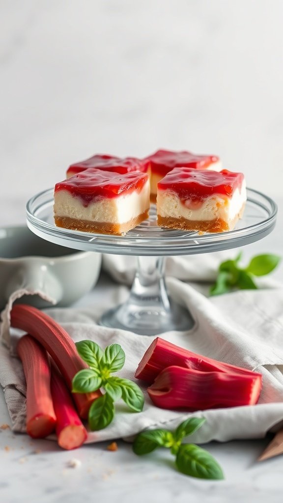 Classic rhubarb cheesecake bars on a glass stand with fresh rhubarb stalks beside them.