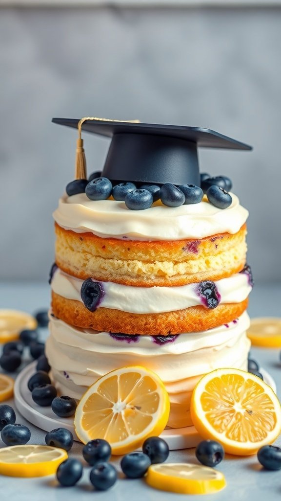 A three-tiered lemon blueberry graduation cake decorated with blueberries and lemon slices, topped with a graduation cap.