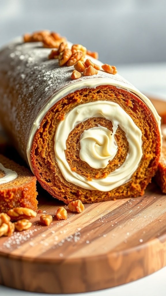 A delicious carrot cake roll with cream cheese frosting, garnished with walnuts.