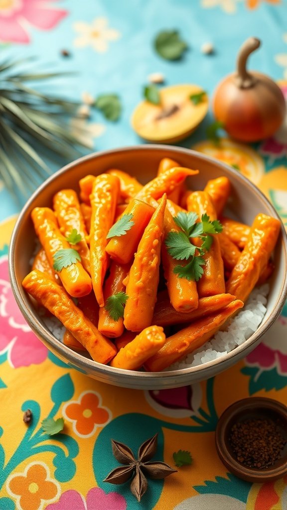 A bowl of coconut curry air fryer carrots garnished with cilantro, served over rice, with a colorful patterned background.
