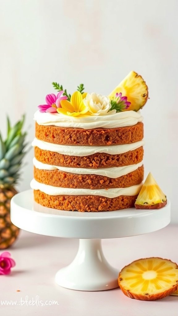 A beautifully layered carrot cake with cream cheese frosting, decorated with flowers and pineapple slices.