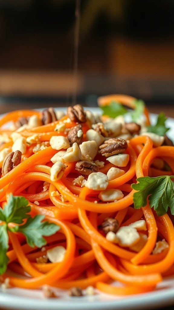 A vibrant carrot ribbon salad topped with crunchy nuts and fresh herbs.