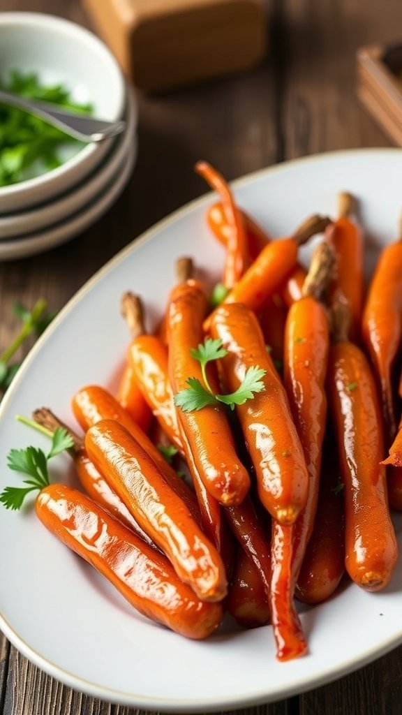 A plate of brown sugar glazed carrots garnished with parsley