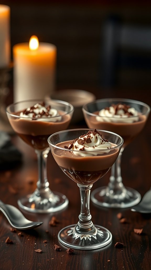 Elegant glasses filled with rich chocolate mousse topped with whipped cream and chocolate shavings, surrounded by candles.