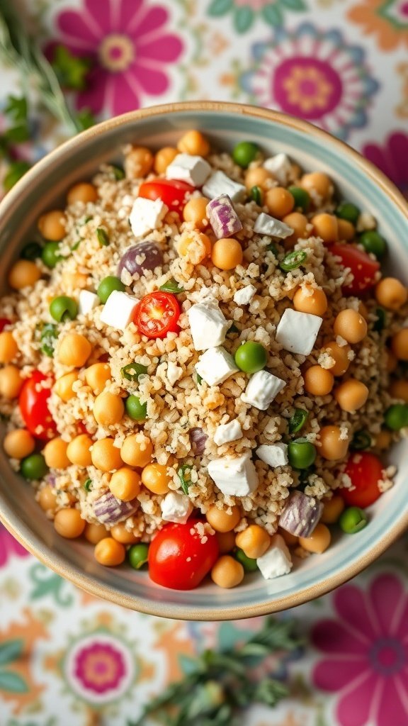 A colorful quinoa salad with chickpeas, feta, and fresh vegetables.