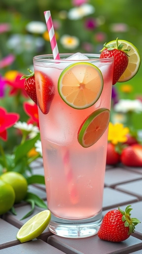 A refreshing glass of strawberry limeade garnished with strawberries and lime slices, set against a colorful floral background.