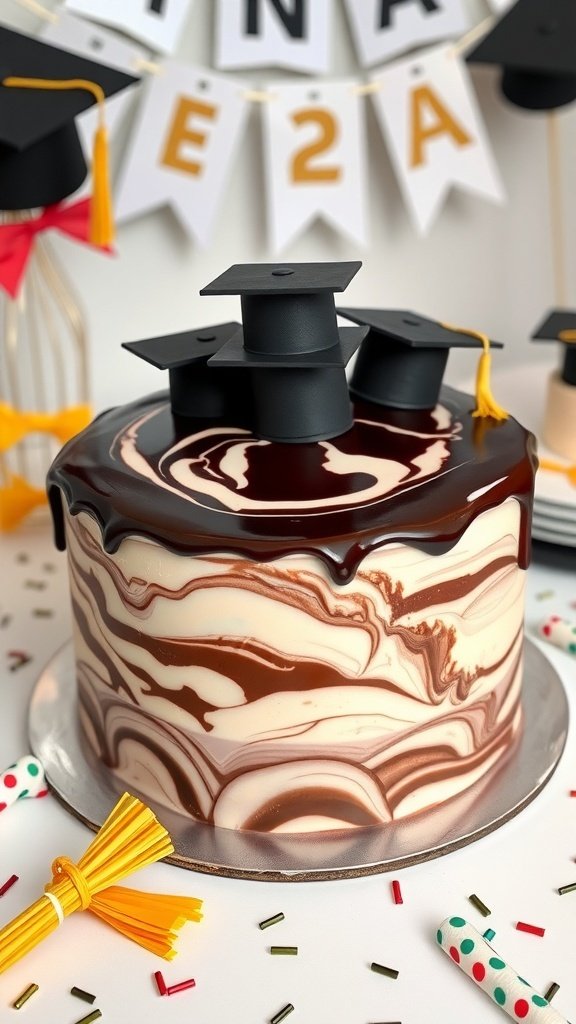 A beautifully decorated marble cake with chocolate ganache and mini graduation caps on top, celebrating graduation.