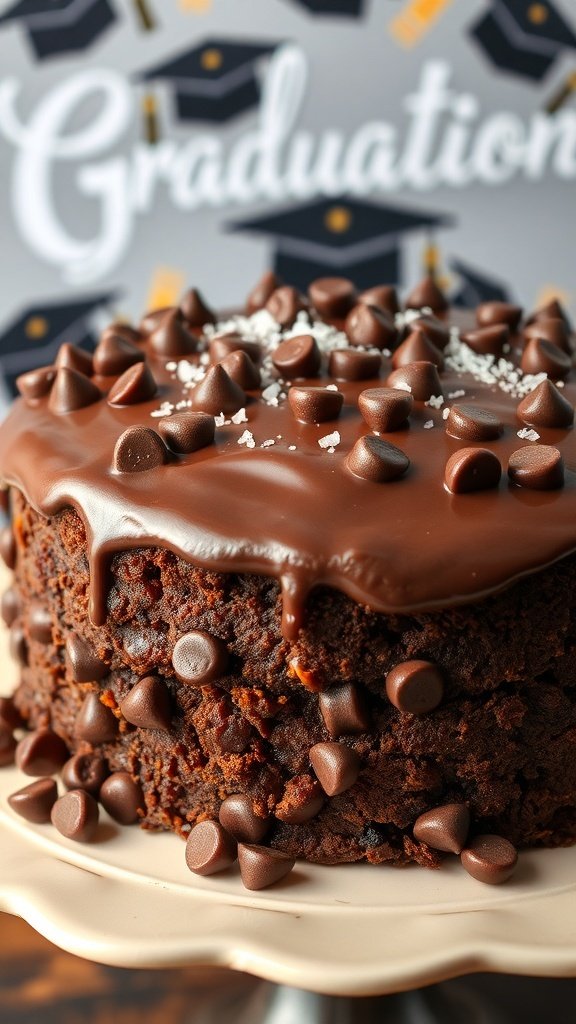 A rich chocolate chip graduation cake topped with chocolate ganache and chocolate chips, set against a graduation-themed background.