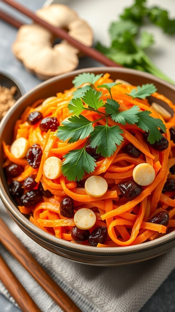A bowl of spicy ginger and cilantro carrot raisin salad with vibrant orange carrots, raisins, and fresh cilantro.
