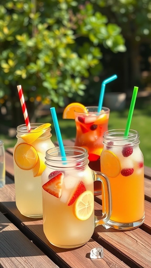 Colorful summer drinks in mason jars with fruits and straws