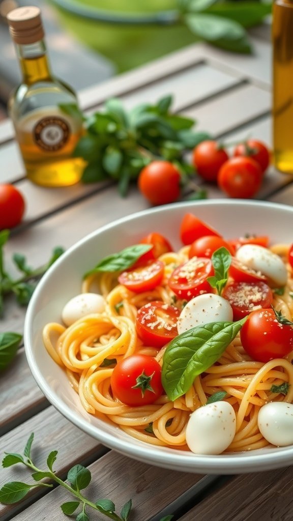 A bowl of summer pasta with cherry tomatoes, mozzarella, and basil on a wooden table.