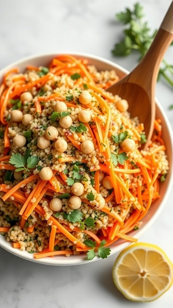 A colorful carrot salad with quinoa and chickpeas, garnished with fresh herbs and lemon slices.