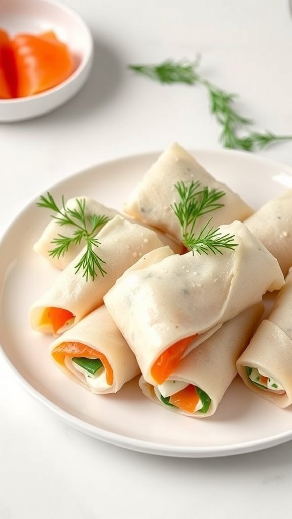 Smoked salmon and cream cheese rolls on a plate with fresh herbs