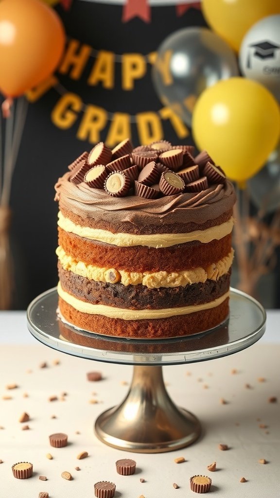 A beautiful peanut butter cup cake decorated with mini peanut butter cups, set against a festive graduation backdrop.