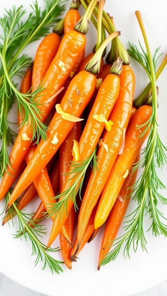 A plate of herbed steamed carrots garnished with dill and lemon zest.