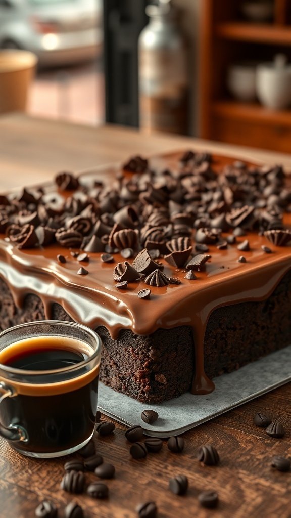 Mocha coffee sheet cake with chocolate ganache and coffee cup