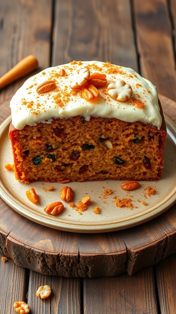A slice of gluten-free carrot cake topped with cream cheese frosting and nuts on a wooden table.
