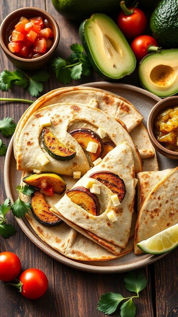 Savory summer squash quesadillas with fresh ingredients and colorful toppings.