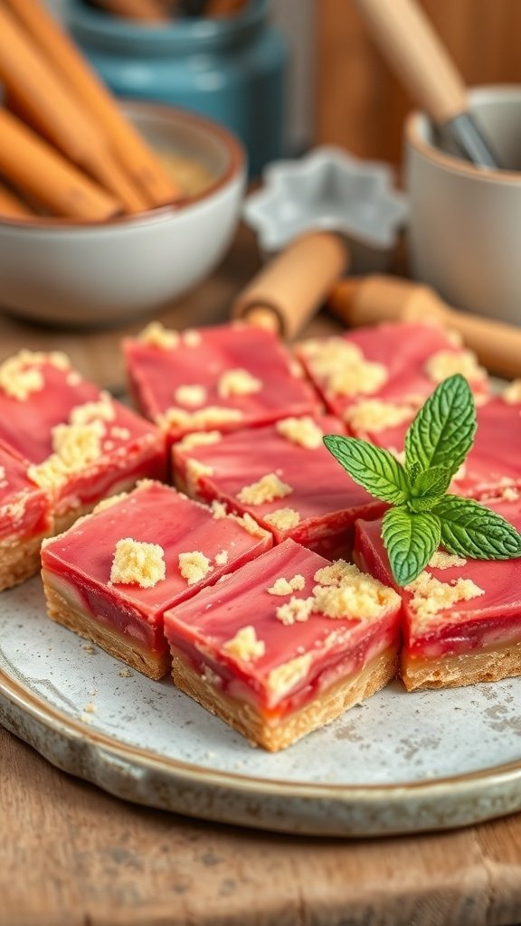 A plate of rhubarb pie bars with a mint leaf garnish.