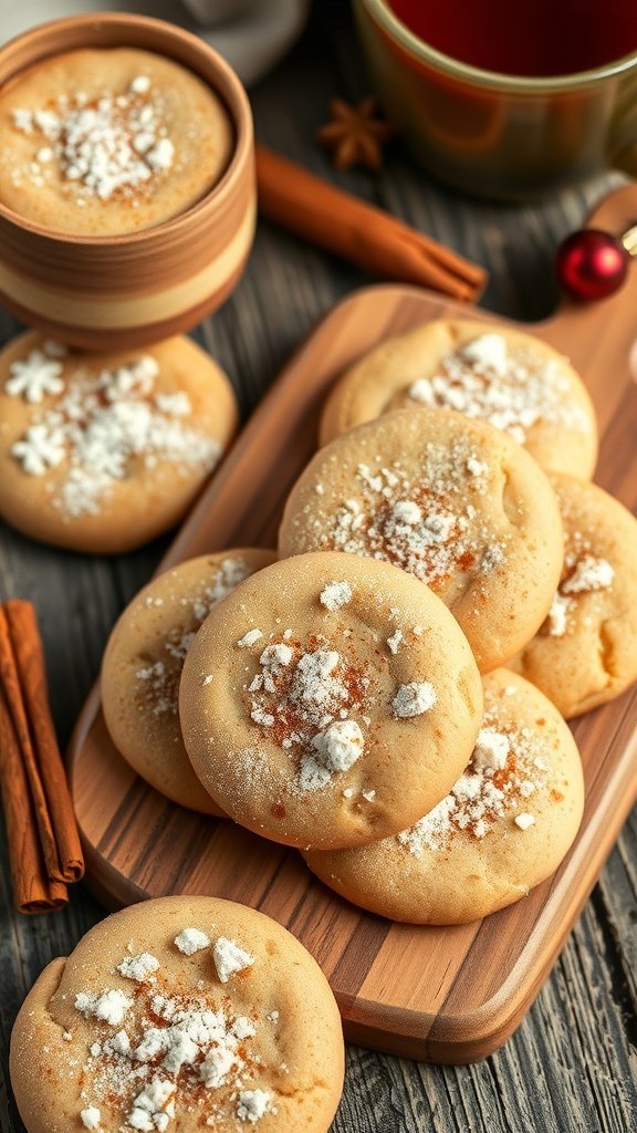 A plate of cinnamon sugar cookies with powdered sugar on top, alongside a cup of tea and cinnamon sticks.