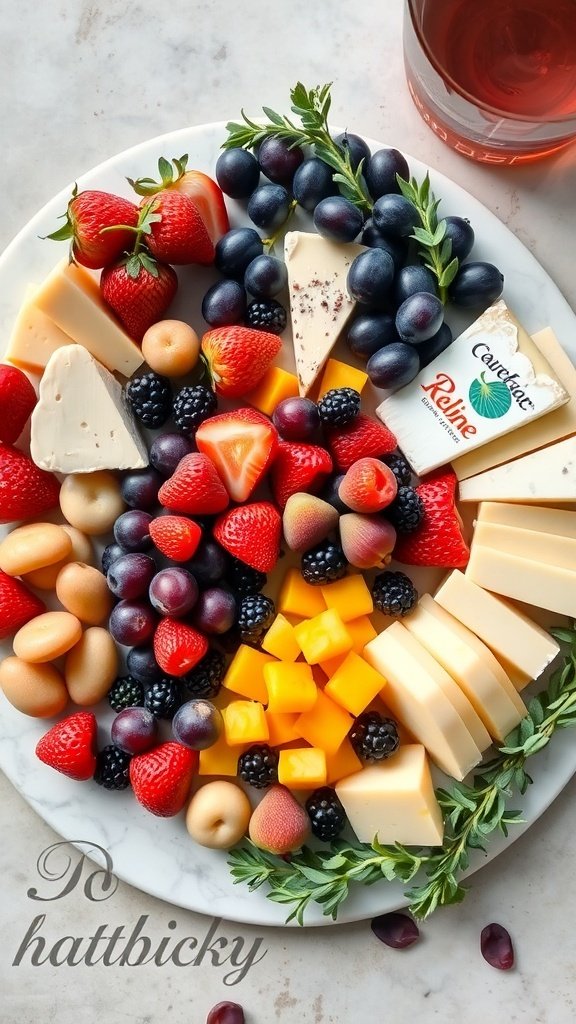 A colorful charcuterie board featuring a variety of cheeses and fresh fruits