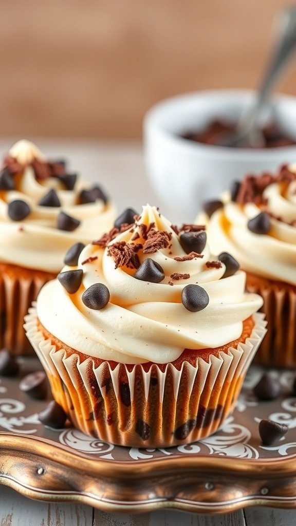 Chocolate chip carrot cake cupcakes with cream cheese frosting and chocolate chips on top.